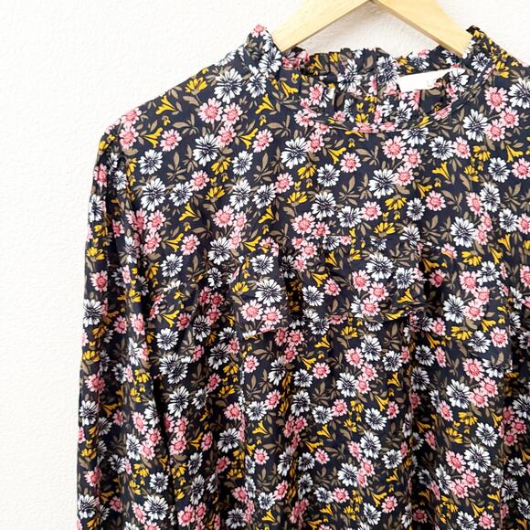 LOFT | Floral Ruffle Blouse Pink Black Preppy Boho Flower High-neck | Size XL - Picture 4 of 8